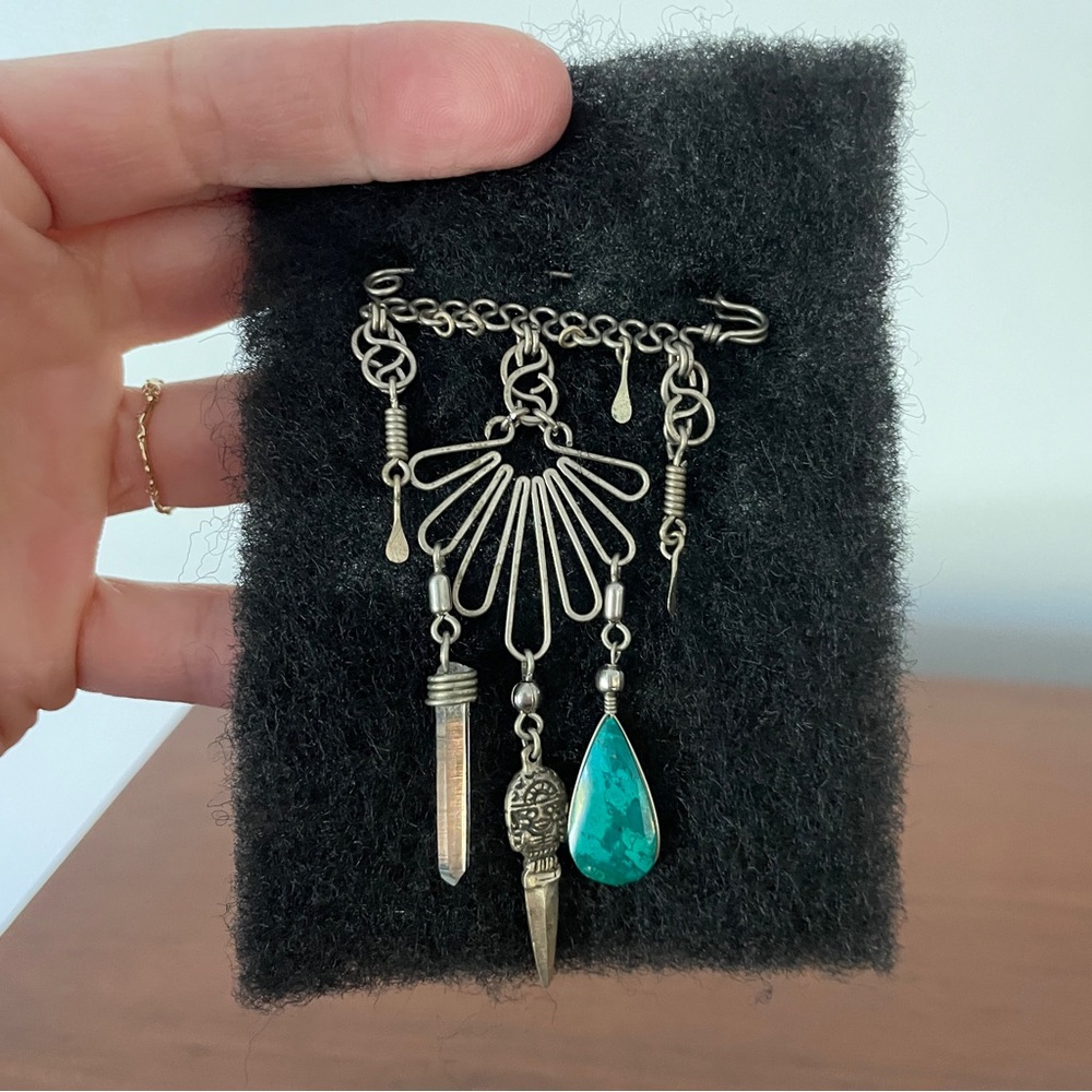 Vintage Blue Azurite Silver Dangle Safety Pin Charm Brooch